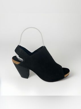 Eileen Fisher Black Suede Peep Toe Cone Heel Slingback sandal Sz 7.5 Cork Comfy